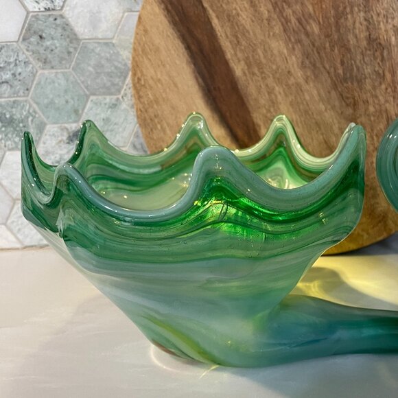 MCM Vintage Murano Style Handblown Glass Swan Bowl/Vase Shades of Blueish Green - Picture 3 of 5